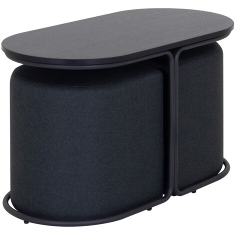 Mesa de centro DUNCAN con 2 asientos negros, tablero de melamina efecto madera negra y estructura metálica negra (78 x 34 x 46 cm) - MOG CASA