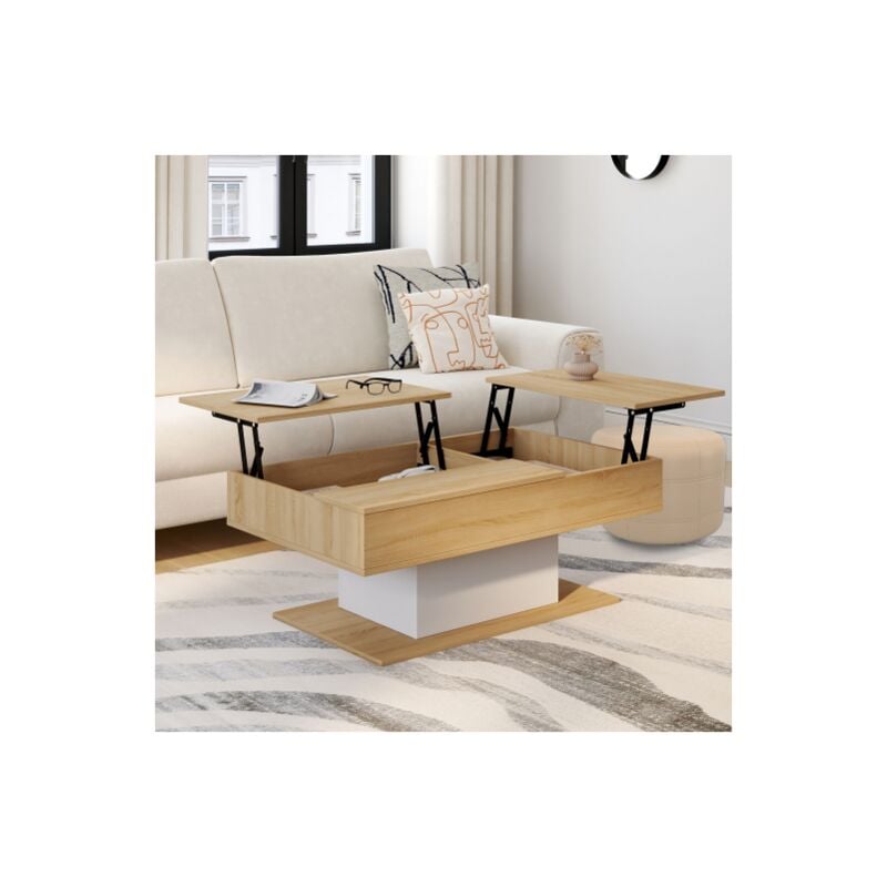 Mesa de centro EDEN de madera y blanca con 2 tableros elevables