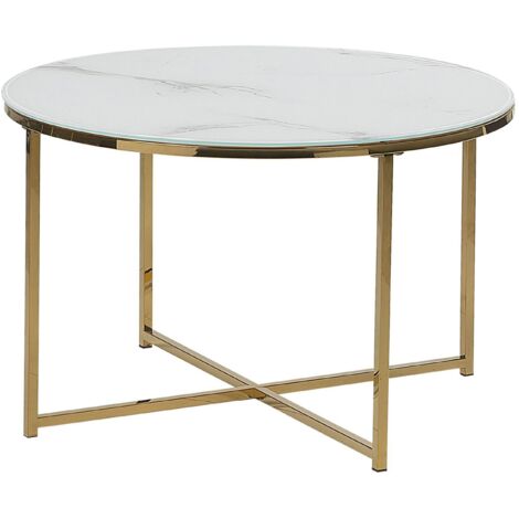 Mesa de centro efecto mármol de vidrio templado blanco dorado 70 cm Quincy