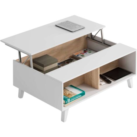Mesa de centro elevable color blanco y roble estilo nórdico salón comedor 38-50x100x68 cm
