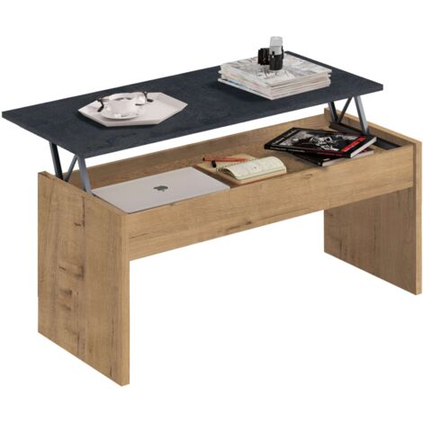 Mesa De Centro Elevable Color Roble Y Mármol Salón Comedor Estilo Moderno Almacenaje 47-58x100x50cm