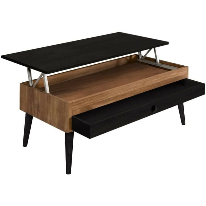 

Mesa de Centro Elevable con Cajón Deslizante Diseño Vintage, Madera Maciza acabado encerado y negro. 100cm x 50cm x 47cm