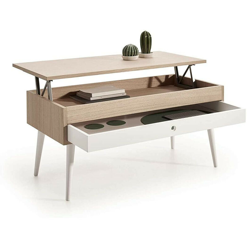 

Mesa de Centro Elevable con cajon deslizante diseno vintage, madera roble natural chapado color Roble-Blanco.