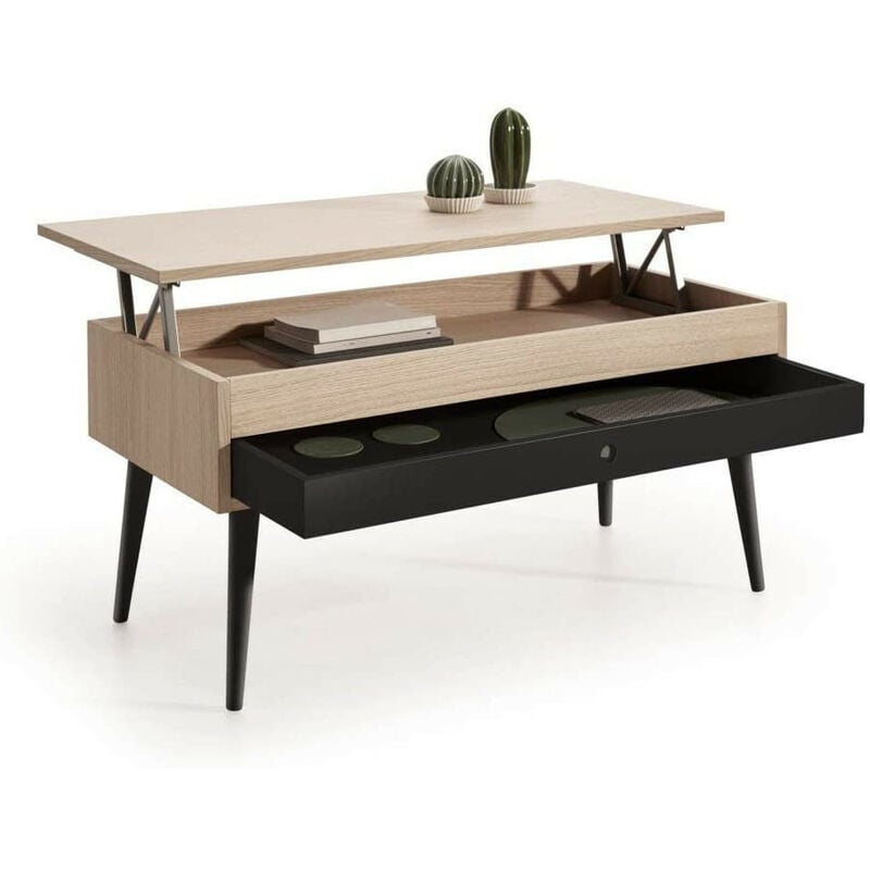 

Mesa de Centro Elevable con cajon deslizante diseno vintage, madera roble natural chapado color Roble-Negro.
