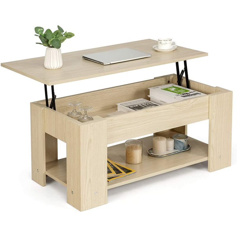 

Mesa de Centro Elevable con Estante de Madera Mesita de Café con Revistero Incorporado para Pasillo Salón Balcón Natural