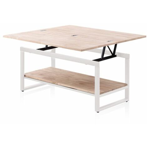 Mesa de centro elevable extensible Rens Blanco - Roble 90cm (ancho) x 62cm (alto)