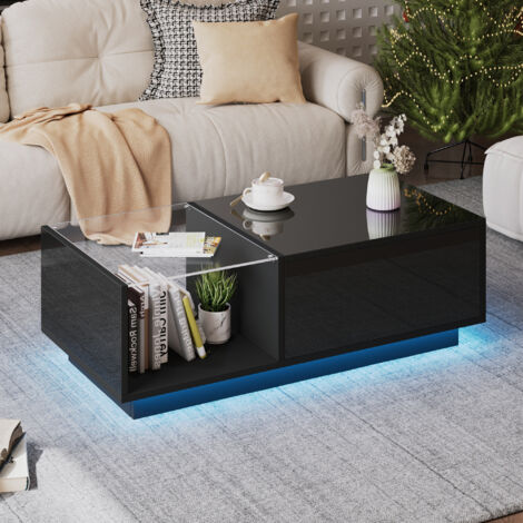 Mesa de centro elevable led con almacenaje oculto madera 100x50x33 cm color negro