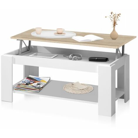 Mesa de centro elevable Lya Blanco Artik (Blanco Mate) - Roble Canadian 50cm (ancho) x 54cm (alto)