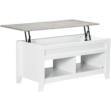 Mesa de Centro Elevable Mesa de Café con Encimera Elevable 2 Compartimentos Abiertos y Espacio Oculto de Almacenaje 105x50x49 cm Blanco y Efecto Mármol