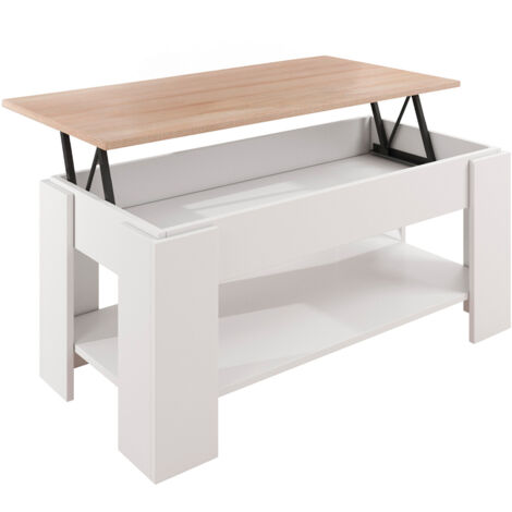 Mesa de centro elevable  Mesa de Salon elevable  1 compartimiento  100x50x43,5 (52,3)cm  Modelo Nicoleta  Blanco Brillo con Sonoma mate