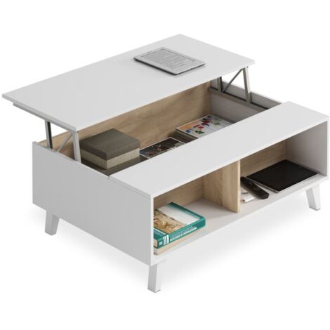Mesa de centro elevable Niva Blanco Brillo - Roble Canadian 68cm (ancho) x 38cm (alto)