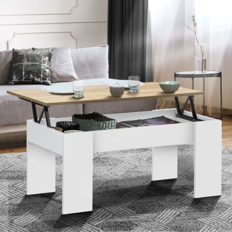 Mesa de centro elevable TARA de madera blanca e imitación de haya