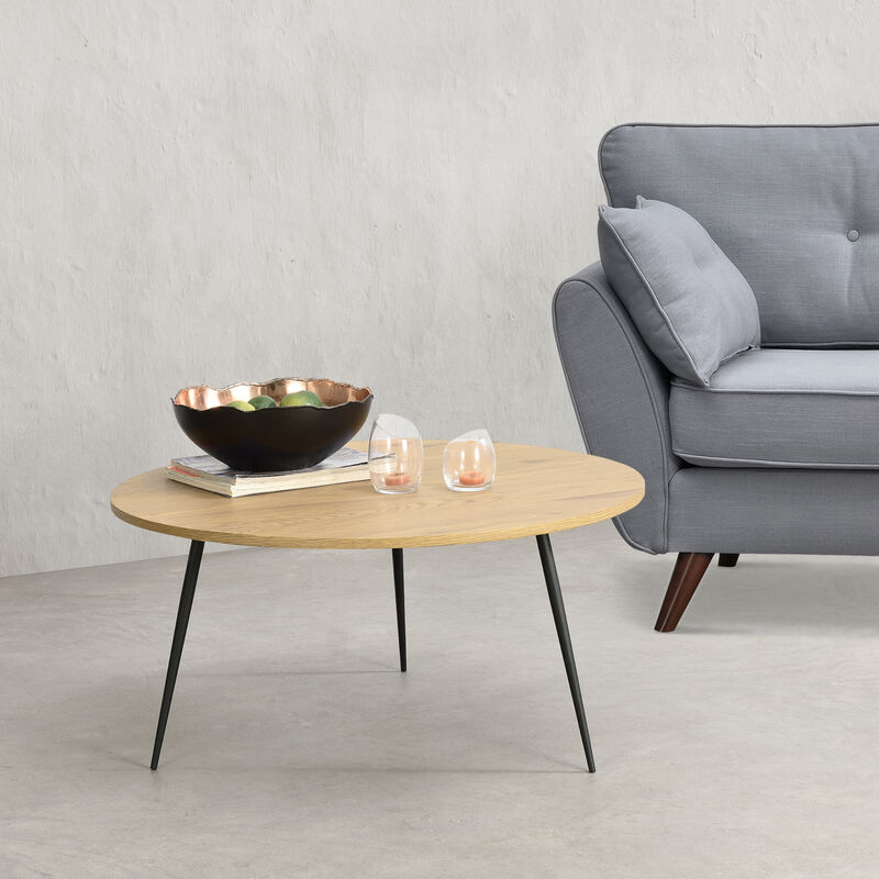 

Mesa de Centro Farsund - 80 x 40 cm - Mesa de Salón Redonda - Auxiliar con 3 Patas - Trípode - Mesa Baja - Mesa de Café o Té - Patas de Acero - Roble