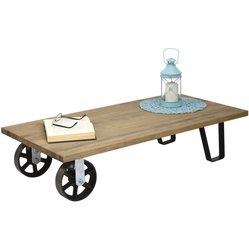 

Mesa de centro industrial con ruedas de fundición – 60x120x27cm