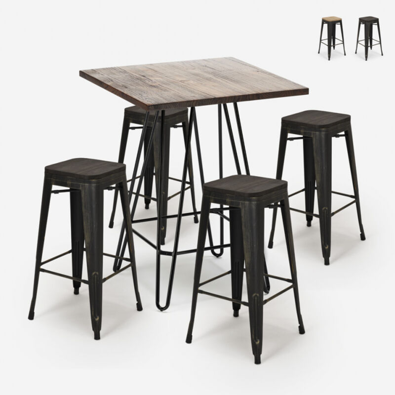 

Mesa de centro industrial set 60x60cm 4 taburetes tolix madera metal Oudin Noix | Wenge