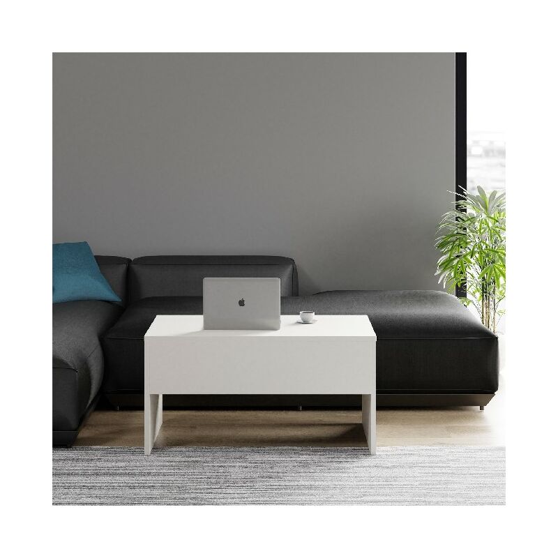 

Mesa de centro inteligente - Elevacion para ahorrar espacio Soporte para PCs Soporte para revistas - con estantes - Sala de estar - Madera blanca, 90