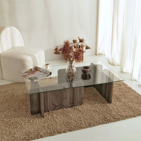 Mesa de centro Kailua 102, Nuez oscura, 40x65x105cm, Vidrio templado, Angular