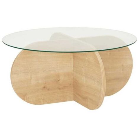 Mesa de centro Kailua 239, Roble, 35cm, Diámetro: 75, Vidrio templado, Redonda, Muebles ya montados