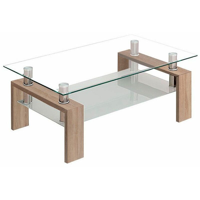 

®- Mesa de centro Kendra de madera y cristal templado anti-roturas, líneas sobrias, diseño lineal minimalista | Color: - Roble - Home Heavenly