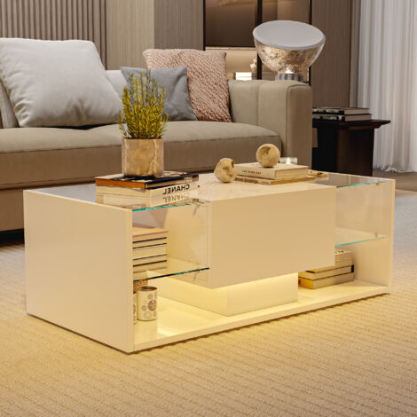 Mesa de centro - LED - Cristal templado - Cajón - 100 x 50 x 35 cm - Blanco