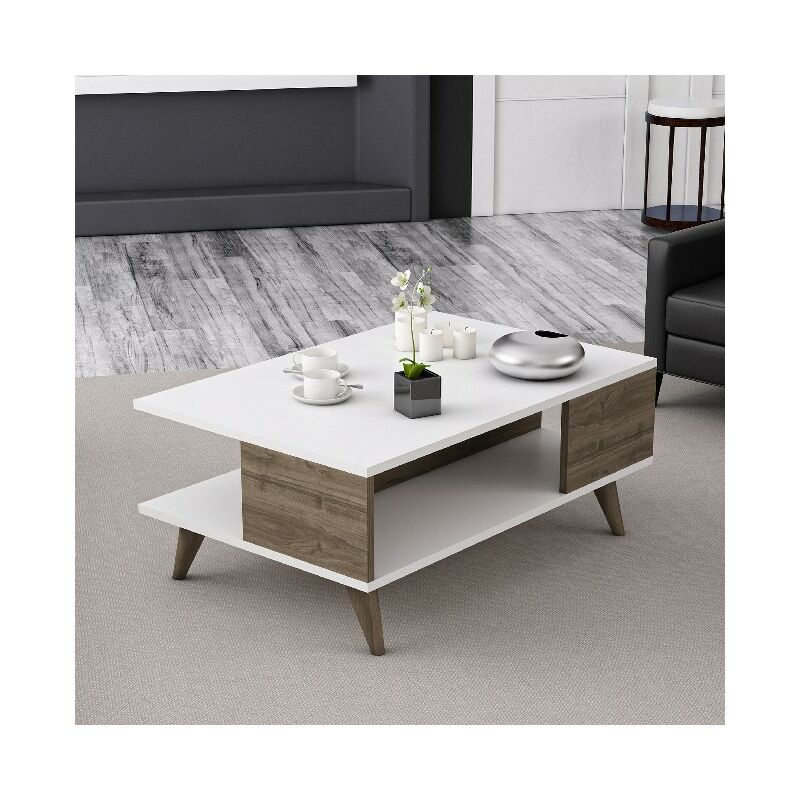 

Mesa de Centro Lyon Baja - con Compartimientos - para Salon - Blanco, Nogal en Madera, 90 x 60 x 38,6 cm