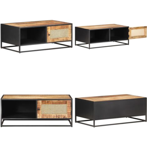 Mesa de centro madera de mango rugosa y caña natural 90x50x35cm - Madera de mango - Madera maciza