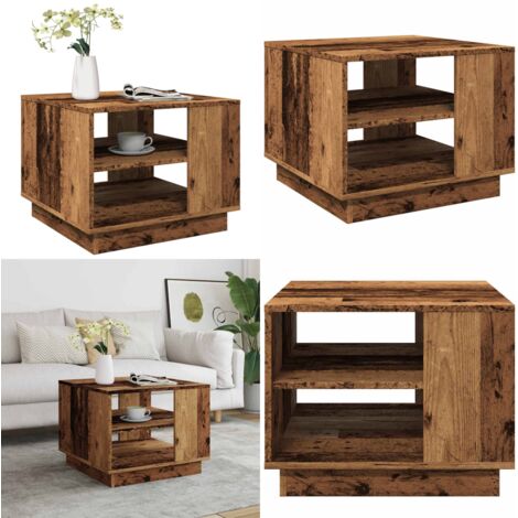Mesa de centro madera ingeniería madera envejecida 55x55x42 cm - Madera envejecida - Mesa de madera