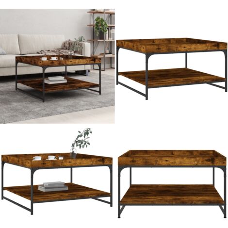 Mesa de centro madera ingeniería y hierro roble humo 80x80x45cm - Madera contrachapada - Hierro