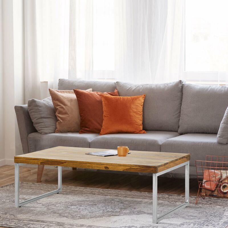 

Mesa de centro madera tropical y patas de metal mesita auxiliar de sofá 120x60cm