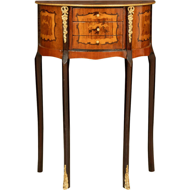 

Mesa de centro Mesa de consola en forma de media luna de madera chapada en nogal enriquecida con incrustaciones hechas a mano