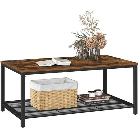 Mesa de Centro, Mesa de Salón con Estante de Malla Densa, Gran Espacio de Almacenamiento, Mesa de Café, Fácil Montaje, Estable, Diseño Industrial, Marrón Rústico LCT64X