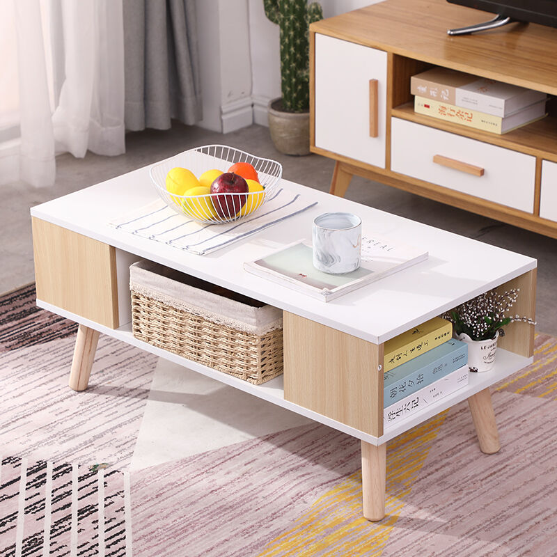 

Mesa de centro / Mesas de centro modernas para sala de estar, con 3 estantes 90 x 45 x 39 cm Blanco + Amarillo