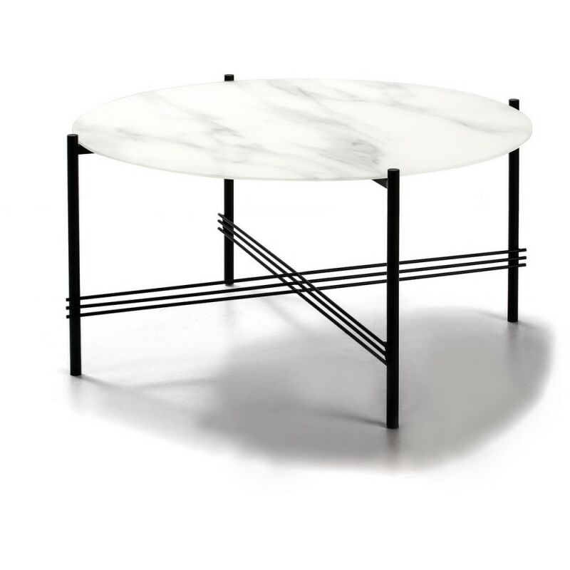 

Mesa de Centro Mies de Cristal efecto Mármol Blanco Patas Metal Negro de 84 cm.