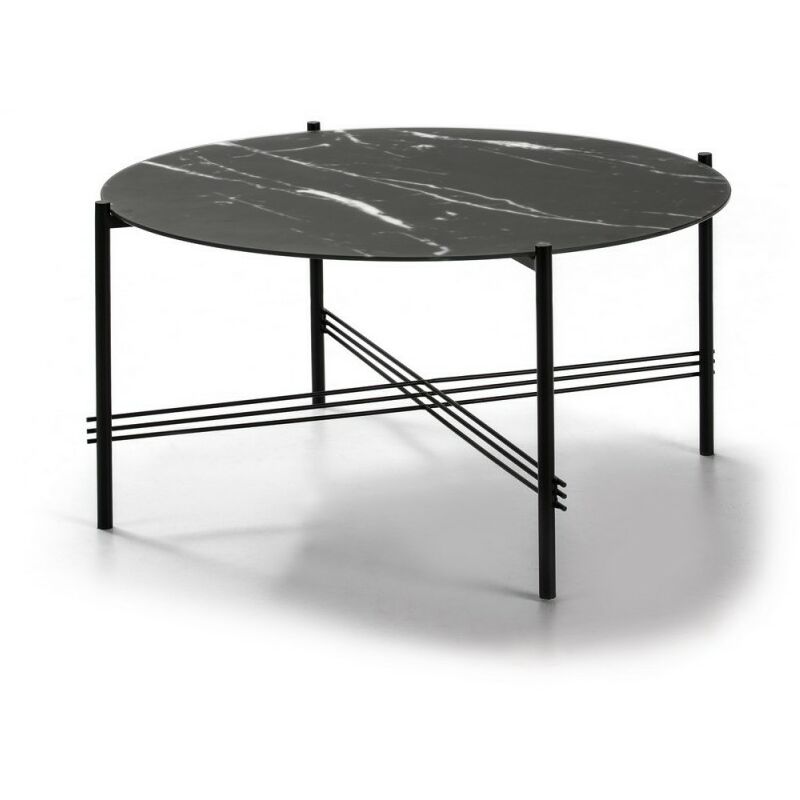 

Mesa de Centro Mies de Cristal efecto Mármol Negro Patas Metal de 84 cm.