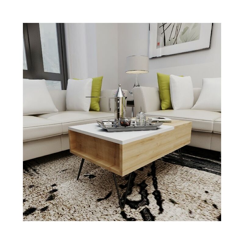

Mesa de Centro Mixa Elevable Baja - con Compartimientos - para Salon - Roble, Blanco en Madera, 80 x 50 x 38,6 cm