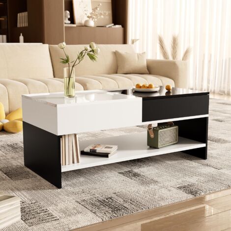 Mesa de centro moderna de 100 x 48 x 40 cm, tablero de alto brillo, con 2 cajones y estantes abiertos, ideal para salón, dormitorio, oficina o recibidor.