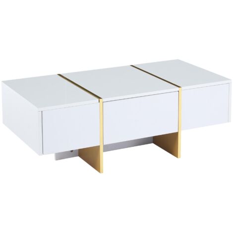 Mesa de centro moderna de alto brillo de 100 x 50 x 35 cm, mesa de almacenamiento blanca con 4 cajones, capacidad de 40 kg, ideal para comedor, sala de estar, estudio y dormitorio.