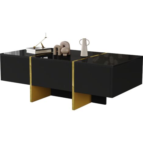 Mesa de centro moderna de alto brillo de 100 x 50 x 35 cm, mesa de almacenamiento negra con 4 cajones, capacidad de 40 kg, ideal para comedor, sala de estar, oficina y dormitorio.
