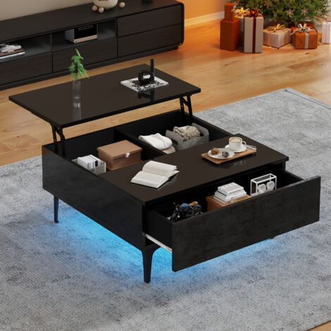 Mesa de centro negra brillante de 70 x 70 x 35 cm, mesita de noche con cajones y luz LED, cabecero con hebillas de altura regulable, almacenamiento oculto y estantes, ideal para salón y balcón.