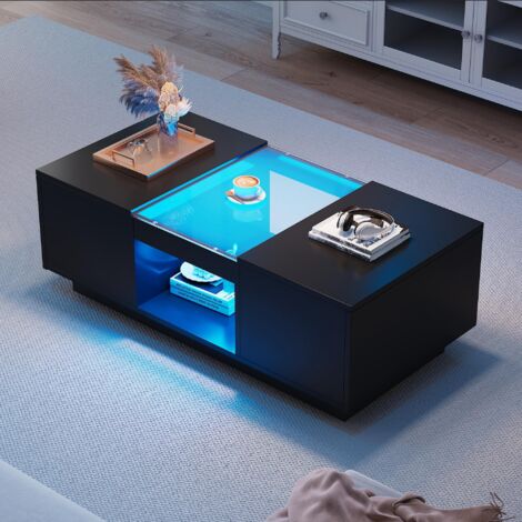 Mesa de centro negra con compartimento abierto y panel de cristal e iluminación LED. Ideal para salón, dormitorio, oficina o recibidor. (100 x 50 x 35,5 cm)