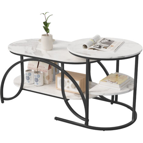 Mesa de centro nido, juego de 2 mesas de centro modernas con tablero imitación mármol y estructura metálica, 80x46x45, blanco y negro