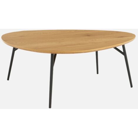 Mesa de centro ovalada con patas de metal negras y efecto roble