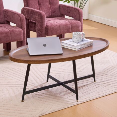 Mesa de centro ovalada minimalista - tablero de madera - estilo nórdico - estructura de metal, 55 x 110 x 45 cm
