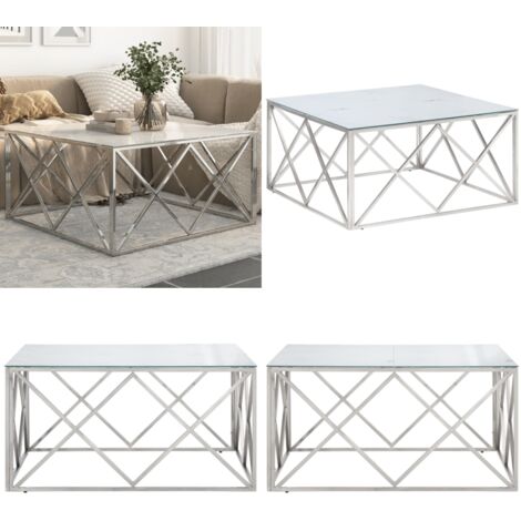 Mesa de centro plateada acero inoxidable y vidrio templado - Mesa de salón - Mesa de centro plateada