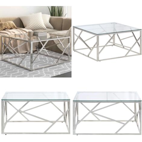 Mesa de centro plateada acero inoxidable y vidrio templado - Mesa de salón - Mesa de centro plateada