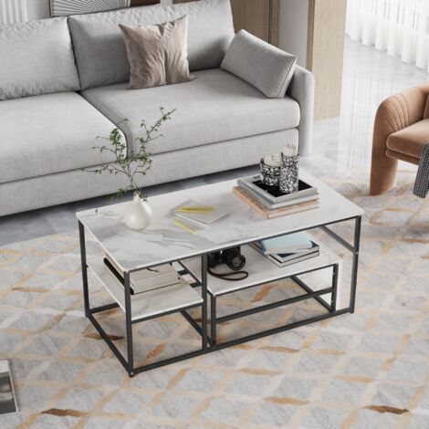 Mesa de centro rectangular - 105 x 52 x 48 cm - Tablero de mármol - Diseño moderno y doble espacio de almacenamiento - Blanco y patas negras