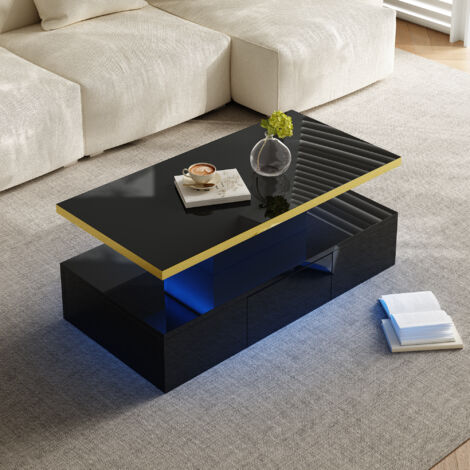 Mesa de Centro Rectangular con 1 Cajón, 2 Niveles, LED y Acabado Brillante, para Salón, Negro, 100 x 50 x 39 cm