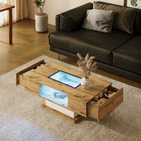 Mesa de Centro Rectangular con 2 Cajones, Hueco Abierto, Tapa de Cristal y LED, para Salón, 110.2 x 60 x 39.7 cm