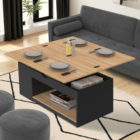 Mesa de centro rectangular con tablero elevable, convertible en mesa de comedor ELEA de madera negra y chapado de haya