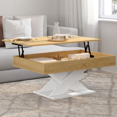 IDMARKET Mesa de centro rectangular con tablero elevable de madera ALICIA y base blanca